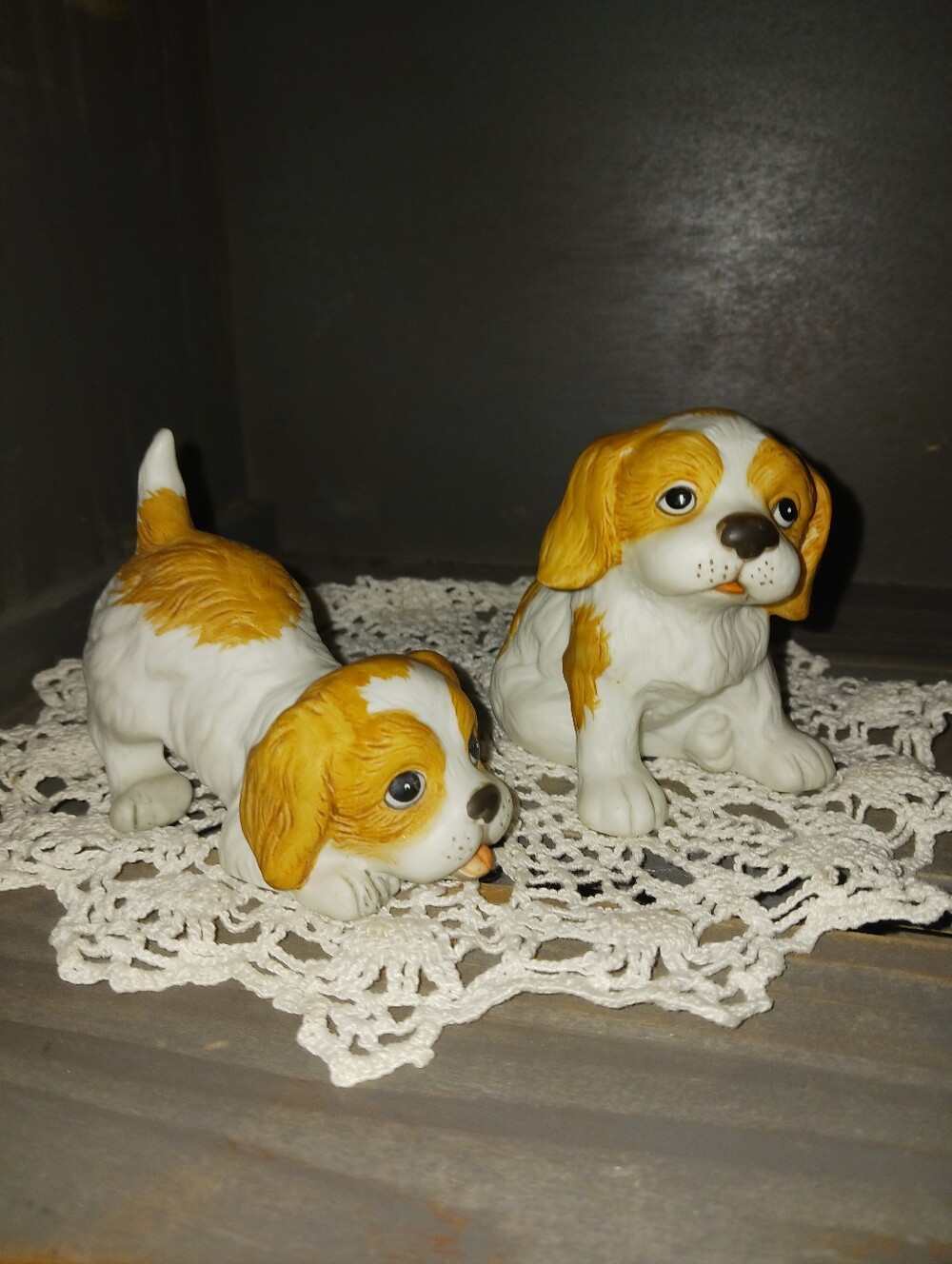 White and Tan Vintage Ceramic Puppy Figurine Set - Home Accents Decor